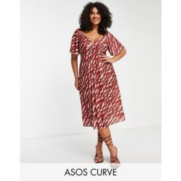 ASOS Design Curve Pleated Twist Back Cap Sleeve Midi Dress Abstract Print 20 NWT - Picture 3 of 16